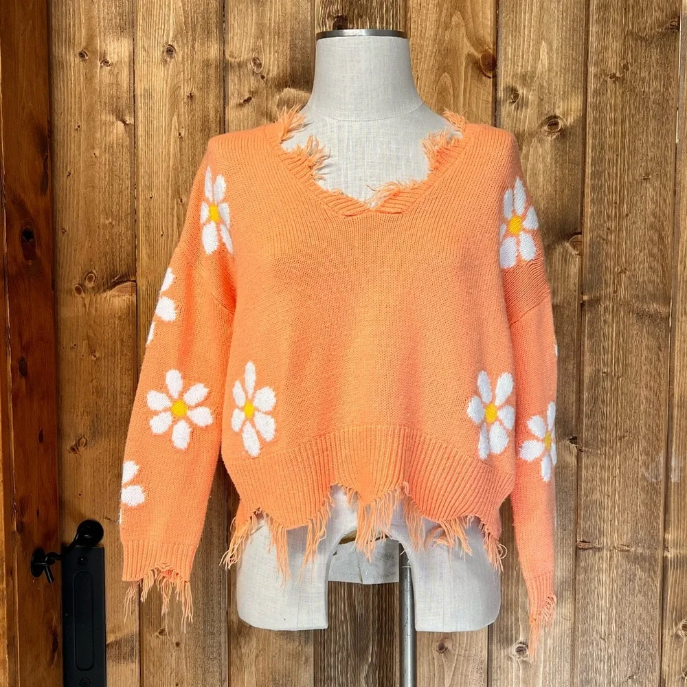 Just Polly Vibrant Orange Daisy Flower Cropped Sweater w/ Fringe - Picture 2 of 6